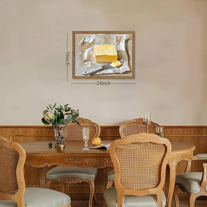 Framed Kitchen Wall Art, Vintage Butter Food Canvas Wall Decor Painting, Rustic Farmhouse Still Life Artwork Prints Pictures for Kitchen Dining Room Decorations 16x24 Inch