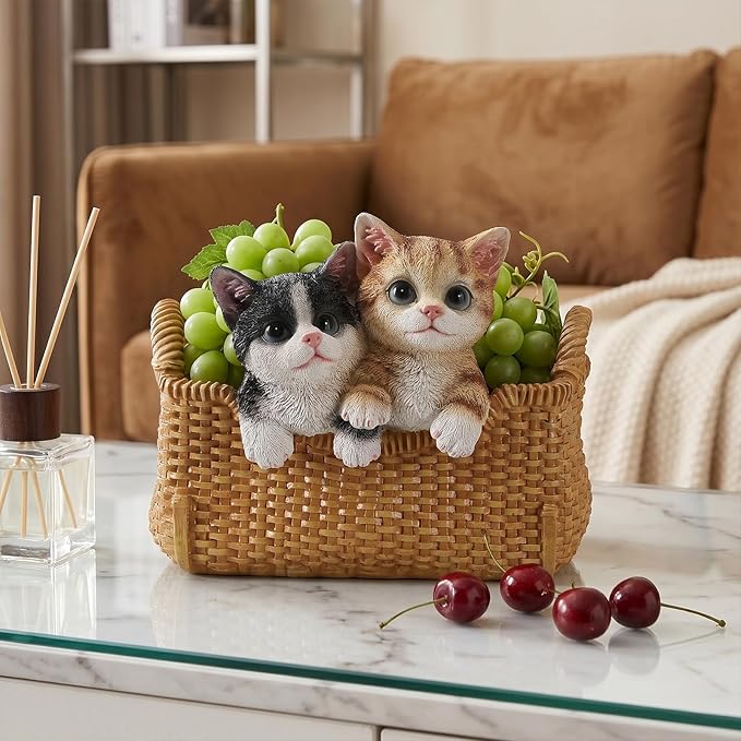 Cute Cat Statue Valet Tray - Decorative Kitten Catchall Basket Organizer - Entryway Key Holder Bowl & Aesthetic Animal Room Accents