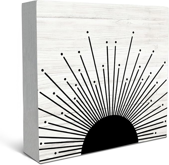 SRADMO Abstract Boho Black Sun Sunrise Sunset Sunshine Sunray Rustic Wood Box Sign Desk Decor Boho Mid Century Modern Art Wooden Block Box Sign Decoration For Home Wall Shelf Table Office Decor