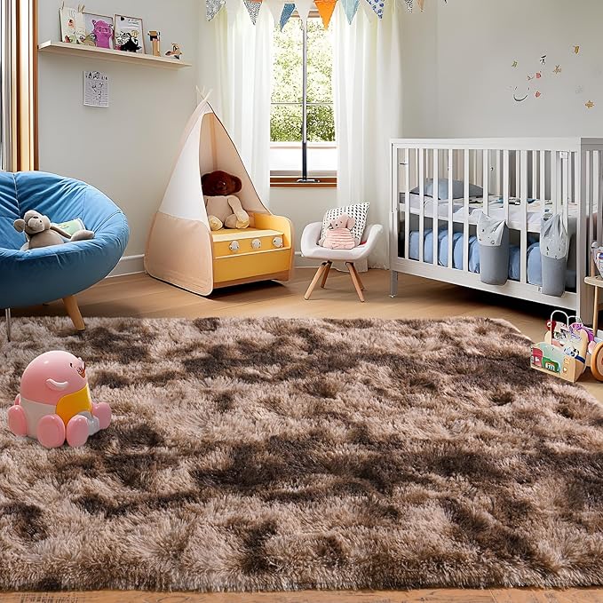 5x7 Fluffy Fuzzy Area Rug for Living Room Bedroom, Ultra Soft Rugs for Living Room, Modern Shaggy Carpets Rug for Boys Girls Dorm Nursery Home Decor Aesthetic, Upgrade Non-Slip Durable, Tie Dyed Brown