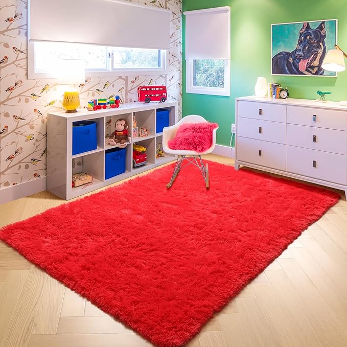 Amdrebio Red Area Rugs for Living Room Bedroom, Christmas Rug 6x9, Large Red Carpet, Plush Fuzzy Furry Rug for Kids Playroom, Fluffy Shaggy Throw Carpets for Dorm, Aesthetic Rugs for Boys Room Decor
