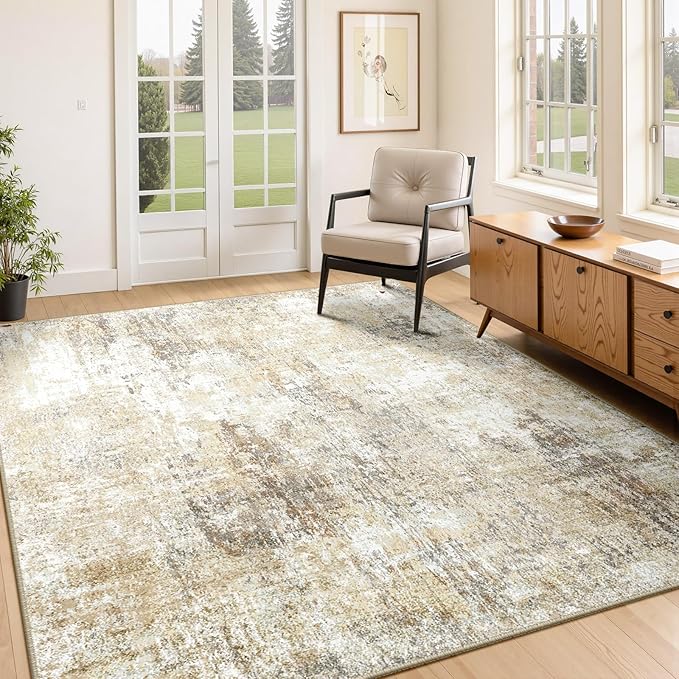 RELEANY Washable Area Rugs 4'x6' Non-Slip Modern Abstract Soft for Living Room Entryway Bedroom Nursery, Print Pattern, Neutral Brown Gray