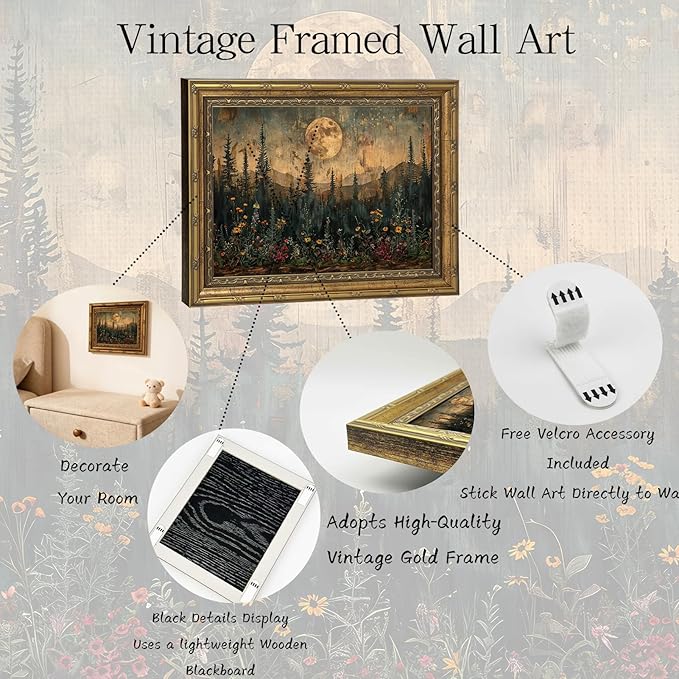Gold Framed Wall Art Vintage Nature Forest Wall Art Full Moon Forest Landscape Wall Decor Picture Rustic Dark Wildflower Field Poster Print for Bedroom Living Room 12x16in
