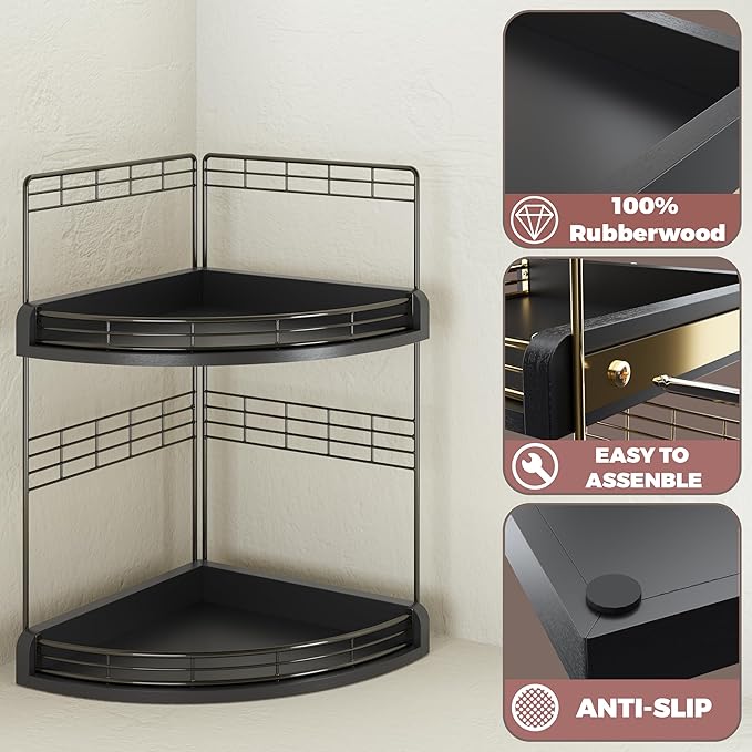 2-Tier Bathroom Countertop Corner Organizer for Small Spaces Counter Shelf for Sink & Vanity, Compact Vertical Storage for Toiletries (Black)