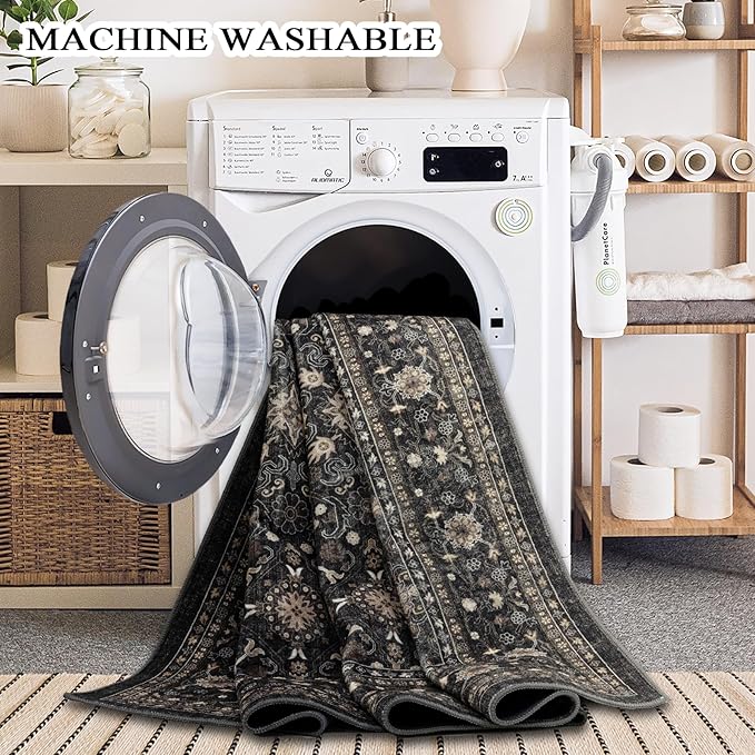 Ruaruarug Area Rug Non Slip Machine Washable Ultra Soft Living Room/Bedroom/Kitchen/Outdoor/Classroom, Black Grey, 9'×12'