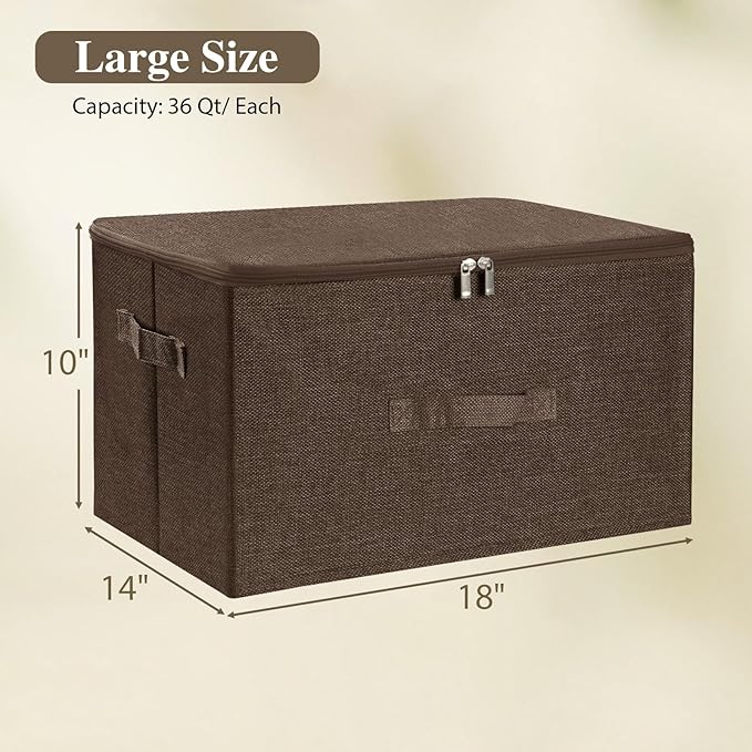 ANMINY Storage Bins with Zipper Lids 36 Qt Lidded Fabric Storage Boxes Baskets Cubes with Handles Collapsible Washable Cotton Linen Closet Shelf Clothes Organizer Containers - Coffee, Large