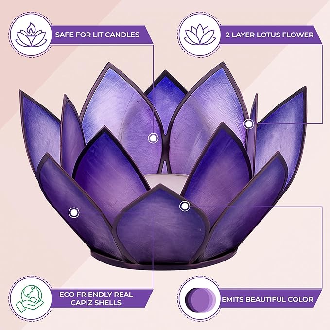 Om Gallery Capiz Shell Lotus Flower Decor Tealight Candle Holder for Serene Ambiance -Paradise Natural Shell Mini Candle Holders for Meditation, and Relaxation, Passion