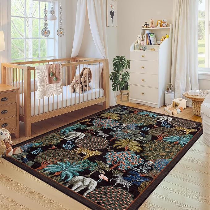 GarveeHome Jungle Animal Print Rug 3x5 Washable Area Rugs for Living Room, Forest Rug Non Slip Soft Low Pile Stain Resistance Throw Carpet for Bedroom Kids Playroom Nursery Black