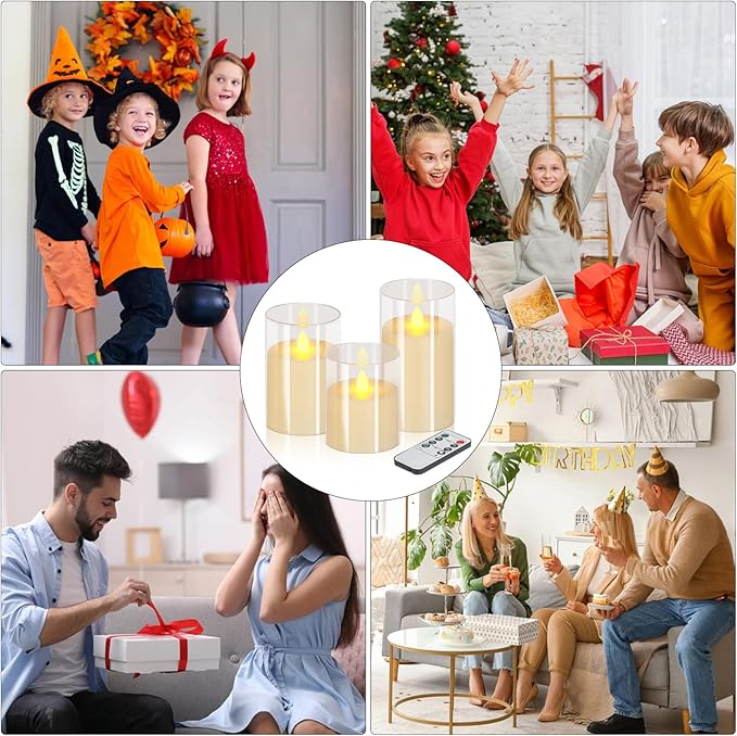 wemarry Flameless Candles 4" 5" 6" Acrylic Glass Pillars 3" Diameter Battery Operated Flickering Candles Include 8-Key Remote with Timer Function 400+ Hours (Pure White, Warm Light 12 Pack)