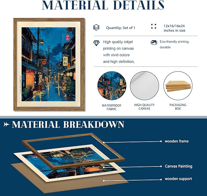 Framed Japanese Wall Art, Asian Tokyo Tea House Canvas Wall Decor Painting, Cool Japanese Night Posters Prints Pictures for Bedroom Living Room Bathroom Home Decor 12x16 Inch