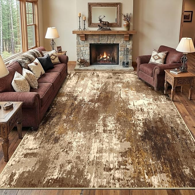 RELEANY Washable Area Rugs 8'x10' Non-Slip Modern Abstract Soft for Living Room Entryway Bedroom Nursery, Print Pattern, Brown Tan Beige Coffee