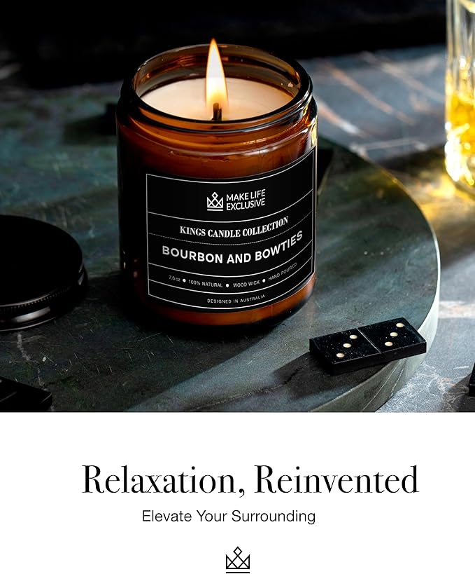 Scented Candles for Men | Bourbon Scented & Bowties | Wooden Wick, Long Lasting, Masculine Scents | Natural Soy Jar Candle for Home, Bacehlor Pad Decor | The Perfect Mens Gift