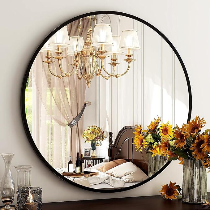 HARRITPURE Round Mirror 24 Black Wall Mounted Circle Mirrors Vanity Mirror with Brushed Aluminum Alloy Frame Modern Decoration for Bathroom, Living Room, Vanity, Bedroom, Entryway