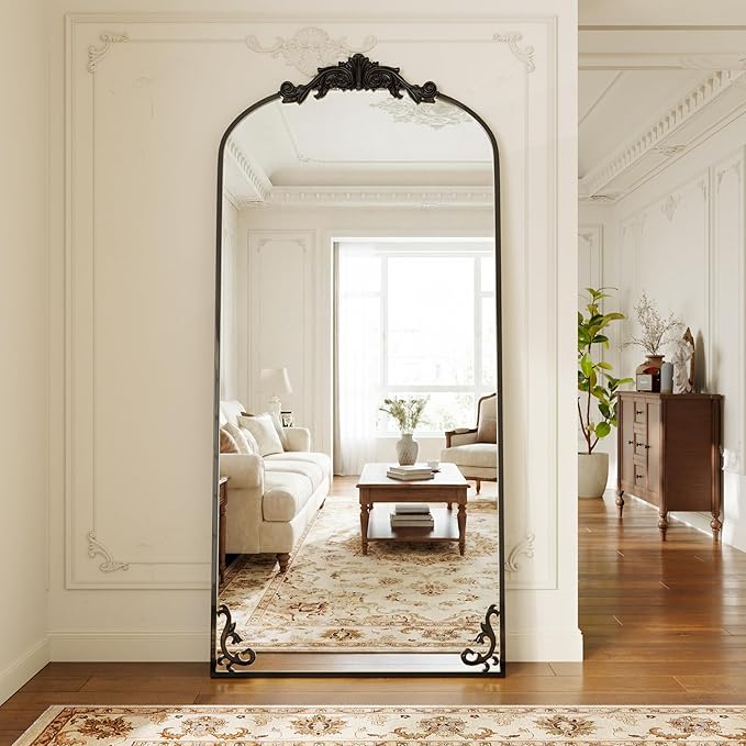 GLSLAND 32"x71" Vintage Full Length Mirror,Large Carved Arched Full Body Mirror with Metal Frame for Bedroom/Living Room/Entryway,Black