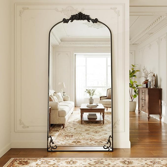 GLSLAND 32"x71" Vintage Full Length Mirror,Large Carved Arched Full Body Mirror with Metal Frame for Bedroom/Living Room/Entryway,Black