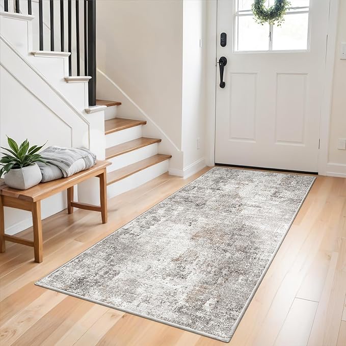 Washable 3x5 Entryway Rug - Non-Slip Soft Low-Pile Thin Small Area Rugs for Kitchen Bedroom Living Room Hallway – Modern Abstract Neutral Door mat Indoor（Beige Grey）