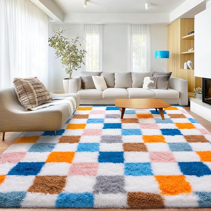 Checkered 8x10 Area Rugs for Living Room, Ultra Soft Fluffy Large Shaggy Rug Carpet for Bedroom, Non-Slip Fuzzy Plush Rugs for Nursery Boys Girls Kids Room Modern Indoor Home Decor, Colorful