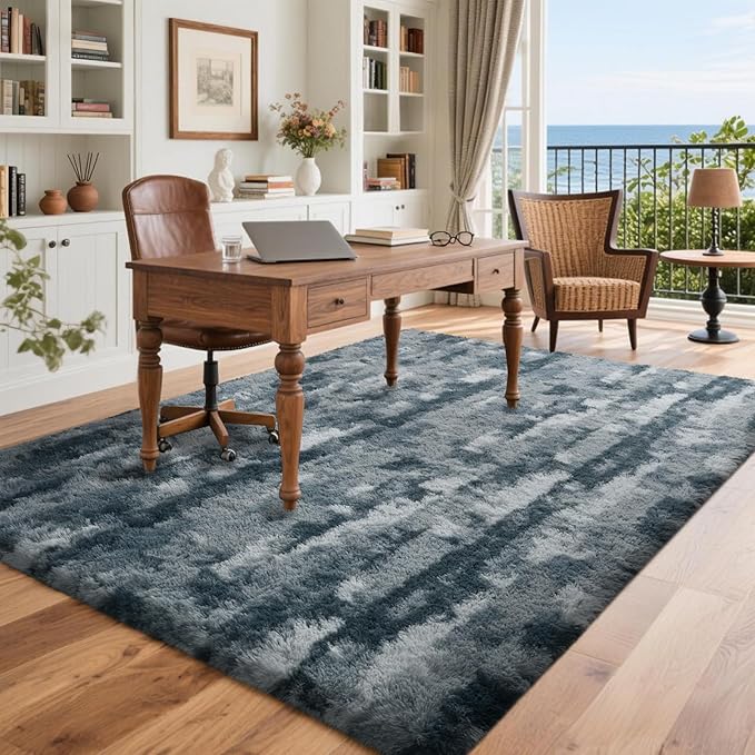 4x6 Feet Area Rugs for Bedroom, Grey and Blue Plush Fluffy Shaggy Living Room Rugs Non-Slip, Ultra Soft Carpet for Nursery Kids PlayRoom Dorm Office Indoor