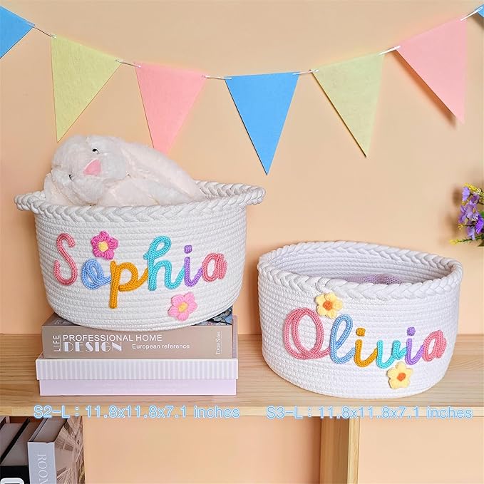 JUPPE Custom Baby Shower Basket, Personzlized Basket with Baby Name, Baby Boy Girl Storage Organizer Cotton Rope Nursery Decor Newborn Gift (style 1) (Style 7)
