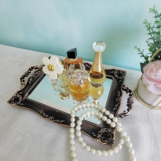 Rectangle Decorative Mirror Tray, French Style, Makeup Organizer, Jewelry Organizer, Serving Tray, 9.5"x 14.9", Golden Black