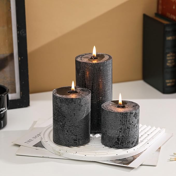 3x6 Inch Black Pillar Candles Set of 3 - Hand-Poured Unscented Candles, Long Clean Burning, Large Big Candle, Smokeless Dripless Candle for Dinner Table, Wedding, Home, Bathroom, Gothic Decor