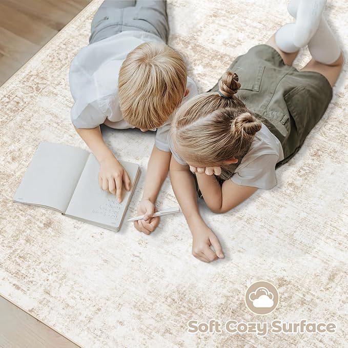 Area Rug 4x6 Washable Rug, Vintage Boho Medallion Rugs Non-Slip Soft Low Pile Distressed Rug Indoor Retro Carpet for Living Room Bedroom Dining Room Home Office (Beige, 4'x6')