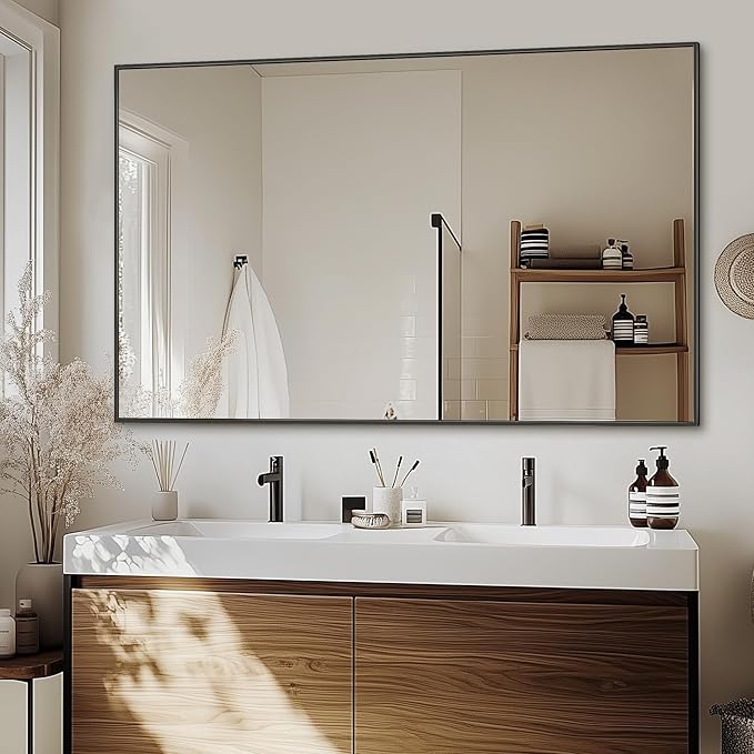 Antok 50x30 Black Metal Framed Bathroom Mirror, Wall Mirror with Rect Corners, Vanity Mirror for Over Sink, Anti-Rust Tempered Glass, Horizontal/Vertical Hanging for Bathroom, Living Room, Entryway