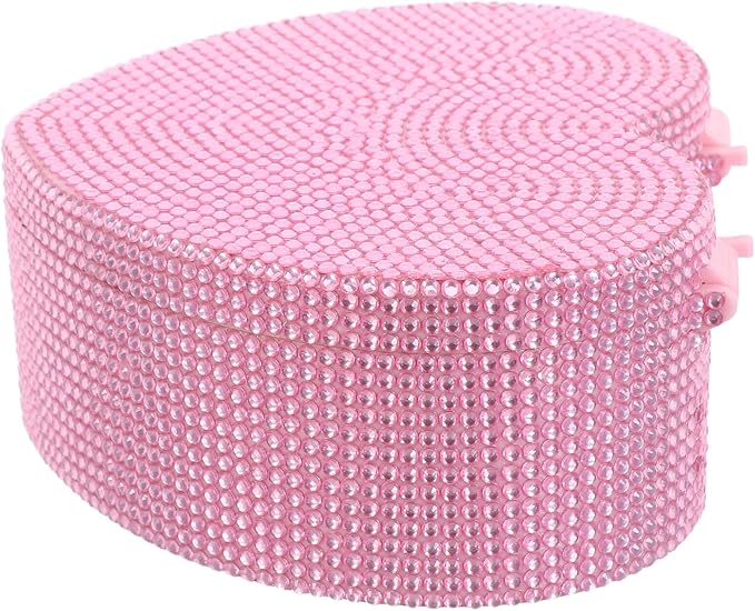 Heart-shaped Jewelry Organizer Box with Rhinestones and Mirror, Double Layer Pink Plastic Makeup Organizer for ’ Earrings Necklaces Hair Clips Storage