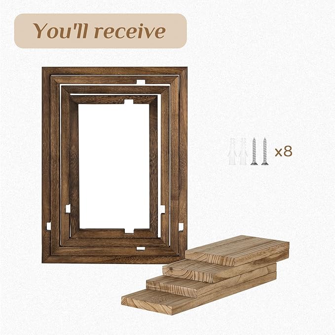 4-Piece Wood Wall Shelves for Bedroom Farmhouse - Rustic Floating Shelf Decorative Storage Shelving Wall Mounted Decor with Frame for Living Room