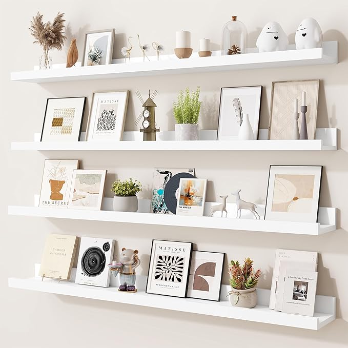 Heimlove Picture Ledge Shelf,36 inch Long Floating Shelves for Wall Set of 4,White Picture Shelf with Lip for Wall Decor,Living Room,Bedroom,Bookshelf,Nursery,Perfume