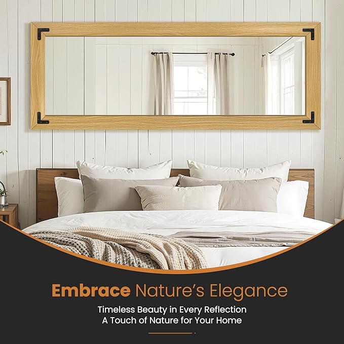TRAHOME Full Length Mirror with Wooden Frame, 65"X24" Solid Wood Standing Floor Mirror for Farmhouse, Bathroom, Bedroom, Hanging or Leaning Wall-Mounted(Natural)