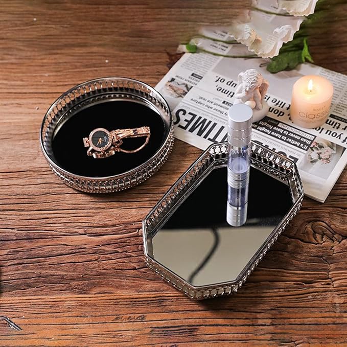 Mirror Tray, Makeup Decorative Storage Mirror Tray, Gold Or Silver Glass Mirror Crystal Vanity Tray, Antique Mirror Serving Tray Round Ornate Jewelry Trinket Organizer Tray for Home Decor(#2)