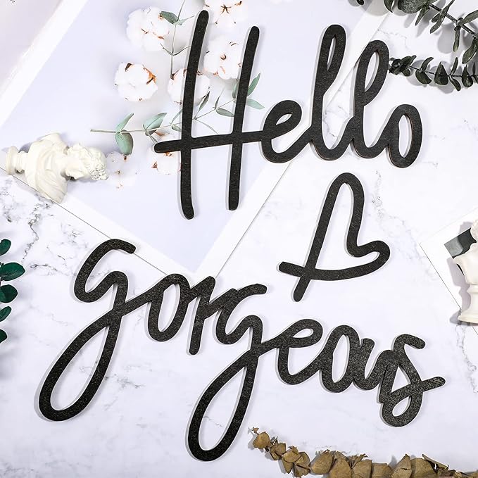 Blulu Hello Gorgeous Wall Decor Sign Hello Gorgeous Wall Art Minimalist Wooden Words Decor for Lash Room, Salon, Vanity or Makeup Room, Bathroom, Bedroom, Office(Black)