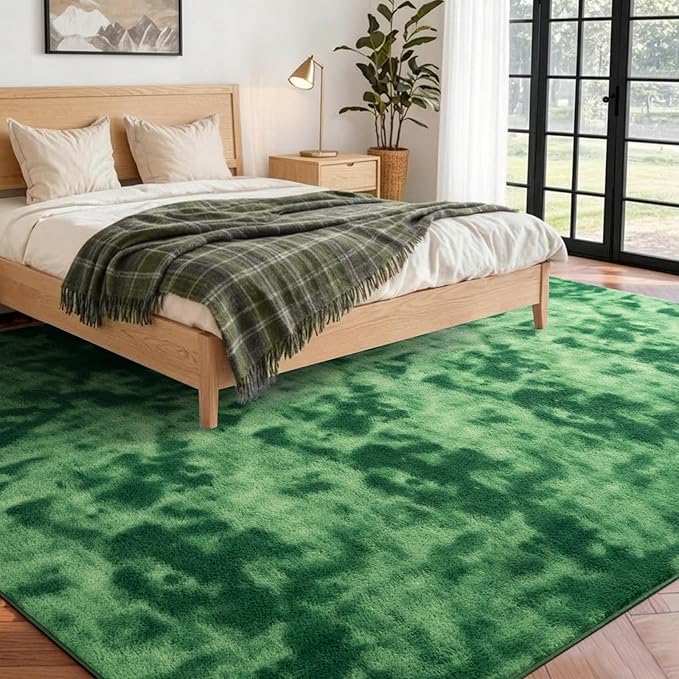 FinRèc 6x9 Washable Area Rugs for Bedroom Living Room, Low Pile Thin Ultra Soft Shag Rug, Non-Slip Carpet Indoor for Home Decor (Tie-dye Green)