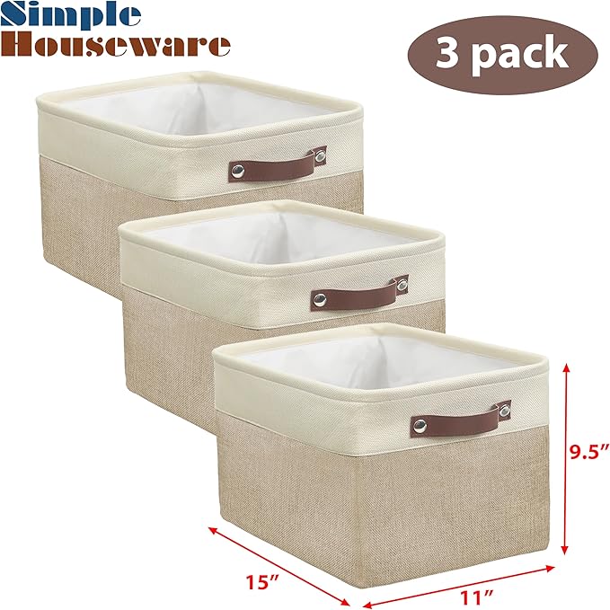 Simple Houseware Large Fabric Storage Bin, 15" x 11" with Leather Like Handles, 3 Pack, Beige