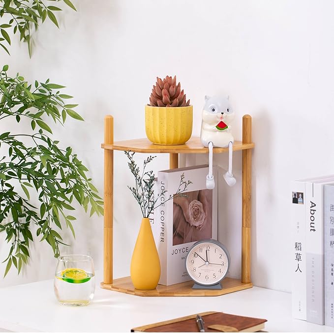2-Tier Expandable Bamboo Corner Shelf - Dish/Plate Organizer for Cabinet, Kitchen Counter Shelf & Small Kitchen Shelf, Adjustable (1, Natural, 11.4" H)