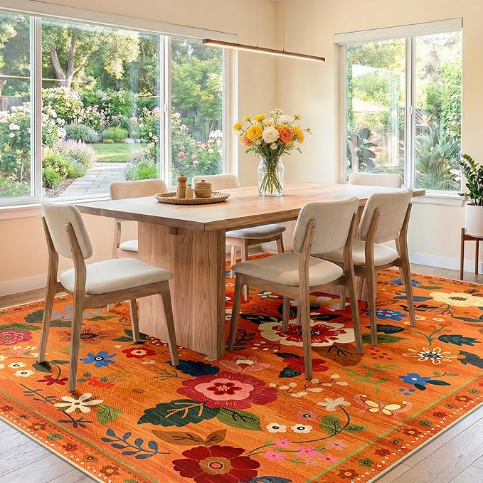 RELEANY Floral Nursery 8x10 Area Rugs Washable Print Boho Cute Carpet Non Slip Flower Low Pile for Living Room Kids Girls Playroom Bedroom Kitchen Office Farmhouse-Burnt Orange