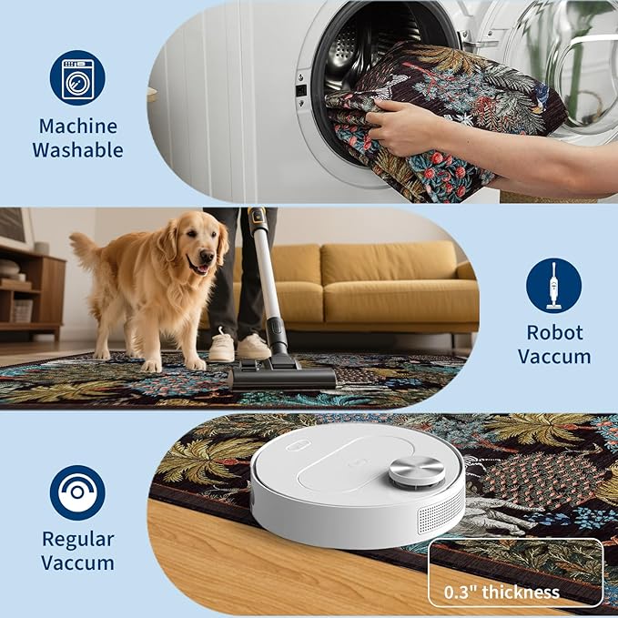GarveeHome Jungle Rug 2.5x10 Kitchen Runner Rug Non Slip Washable Runners for Hallways, Animal Print Runner Rugs with Rubber Backing Low-Pile Forest Long Carpet for Bedroom Entryway Laundry, Black