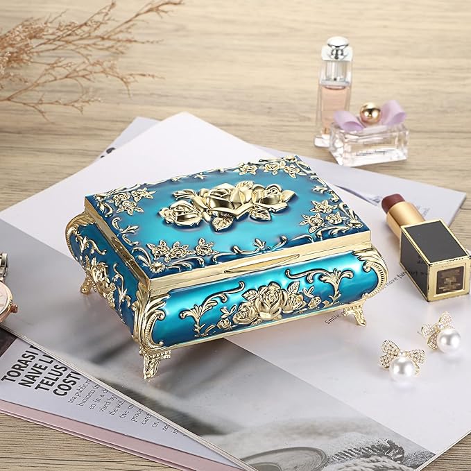 Hipiwe Metal Decorative Jewelry Box Vintage Treasure Chest Case Ornate Trinket Organizer Earrings Necklace Bracelet Storage Box Ring Holder Keepsake Box for Women