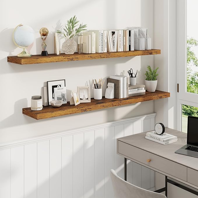 Fun Memories 55 Inch Fireplace Mantel Shelf, 9.3" Deep Floating Shelves for Wall, Long Wall Mounted Farmhouse Display Shelves with Invisible Heavy Duty Metal Bracket, Brown, 2 Pack