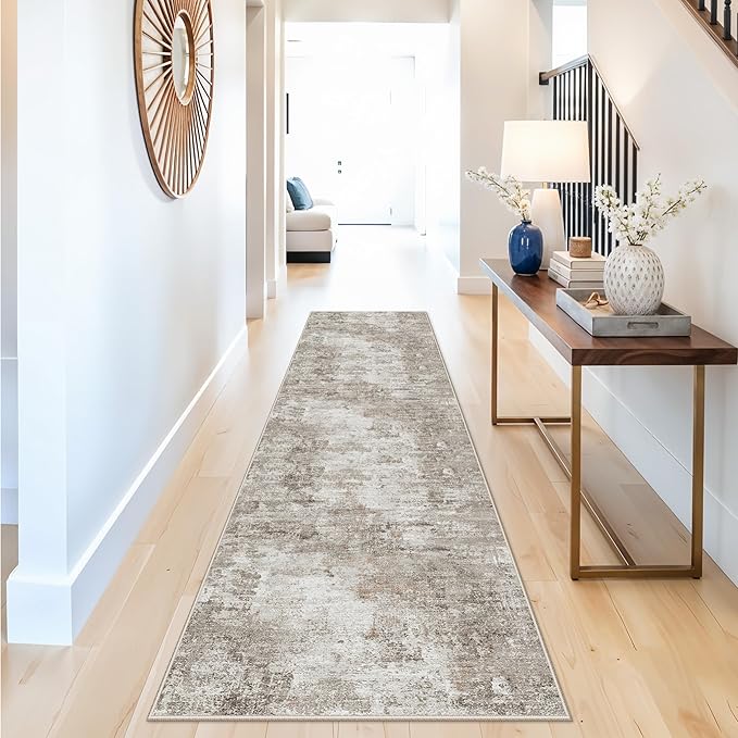 2x12 ft Long Hallway Runner Rug - Non-Slip Washable Soft Carpet Runners for Kitchen Hall Entryway Bathroom, Modern Abstract Neutral Low Pile Thin Stain-Resistant Floor Runner with Rubber Backing