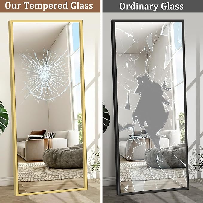 GlasFlength Full Body Mirror with Stand, 71" x 32" Full Length Mirror with Aluminum Alloy Frame Wall-Mounted/Leaning Against Wall/Floor Standing Mirror for Home Decor, Gold