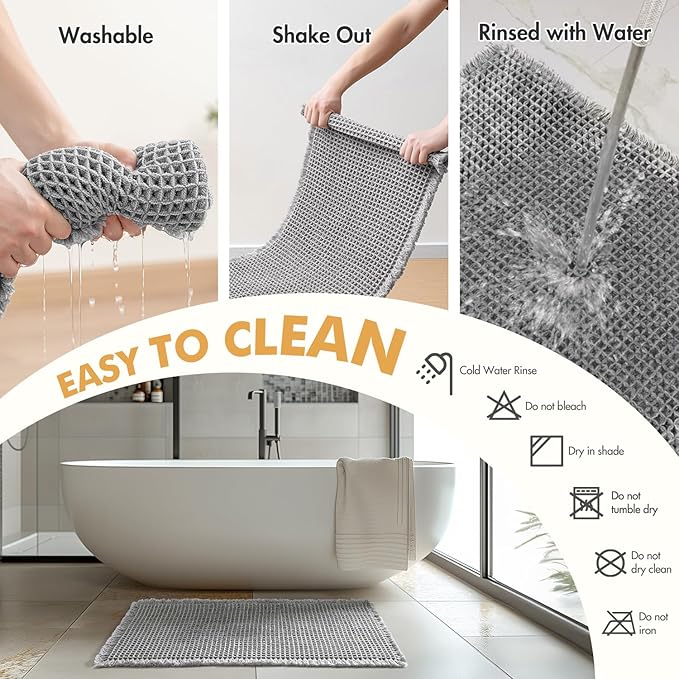 MIULEE Set of 2 Waffle Bathroom Runner Rugs, Boho Bath Rugs Non Slip Washable, Super Absorbent Runner Bath Mats, Rubber Backed, Ideal for Hallway Laundry Room, Light Grey, 2'x5'(24x60 Inch)