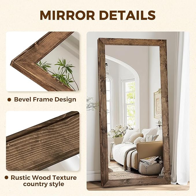 Oversized Brown Full Length Mirror 71"x32" - Solid Wood Beveled Frame Wall Leaning or Hanging Mirror - Rustic Farmhouse Style for Bedroom, Entryway, Living Room