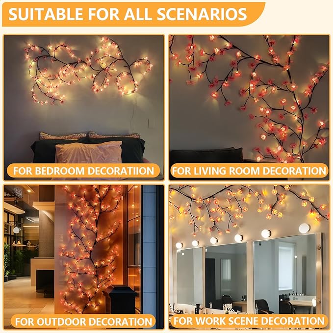 FNHMSL Cherry Enchanted Willow Vine Lights, 5.25FT 72LED Pink Cherry Blossom Tree Branch Lights for Wall, Remote Timer,8 Light Model,Bedroom Wall Doors Wedding, Christmas, USB Battery Box