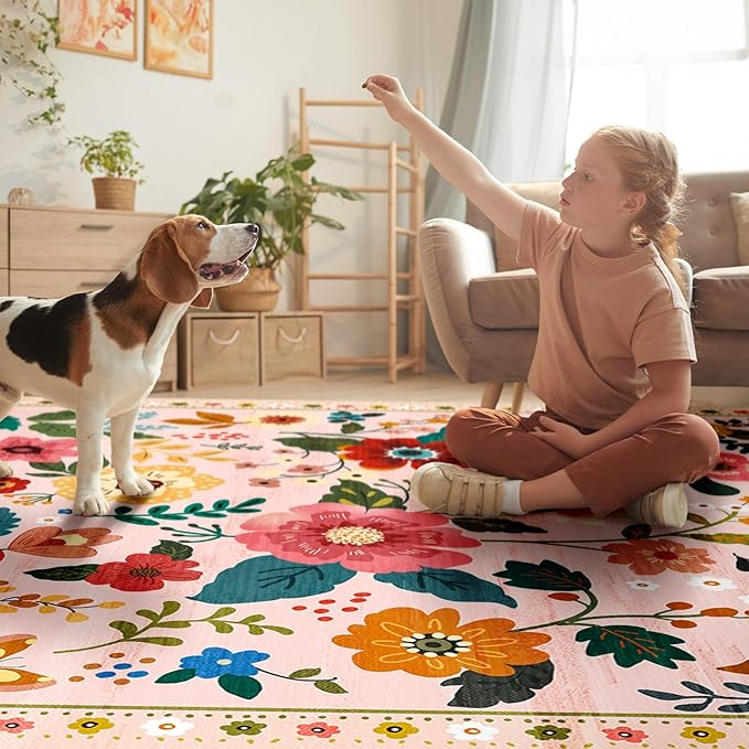 RELEANY Floral 2x6 Area Rug Machine Washable Soft Print Boho Carpet Non Slip Doormat Low Pile Flower Area Rugs for Living Room Bedroom Nursery Kitchen Dining Room Indoor-Pink