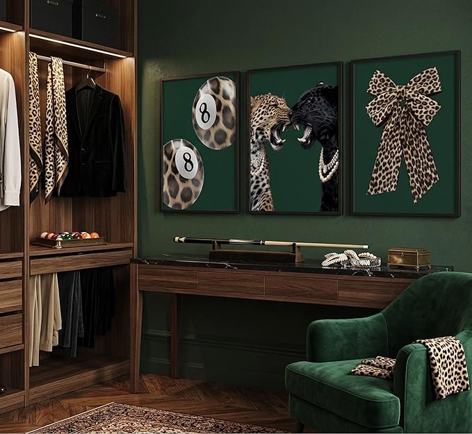 Framed 3pcs Trendy Leopard Canvas Wall Art Funky Lucky 8 Ball Pictures Wall Decor Cheetah Bows Preppy Aesthetic Posters Prints Paintings for Bedroom Dorm Living Bathroom Home Decoration
