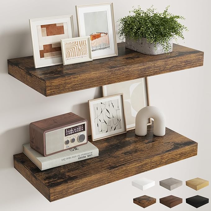Fun Memories 30 Inch Brown Floating Shelves for Wall, 12 Inch Deep Shelves for Bathroom|Kitchen|Bedroom, Wall Mounted Rustic Wood Floating Shelf with Invisible Brackets for Books|Storage|Decor, 2 Pack