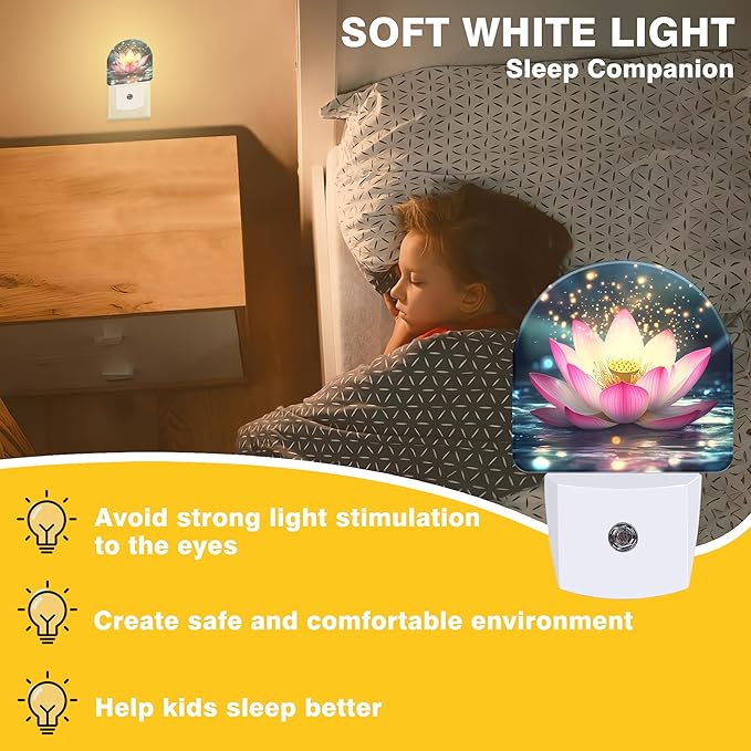 Night Lights Plug into Wall Sparkle Pink Lotus Night Light Dusk to Dawn Smart Sensor Decorative Round Led Lamp for Bedroom Kitchen Hallway Nightlight for Women Men