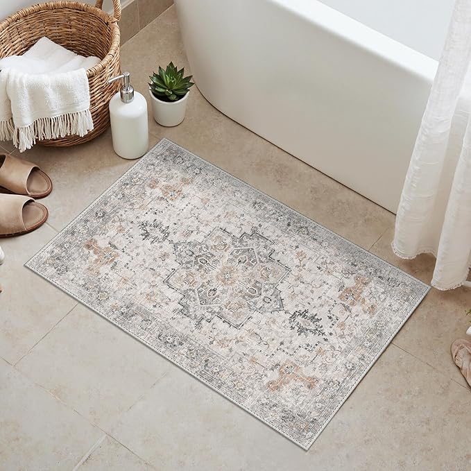 GENIMO Area Rug 32x48 inch Doormat, Machine Washable Low Pile Rugs, Small Retro Chenille Entryway Mat for Entrance, Hallway, Kitchen and Corridor, Light Taupe Brown